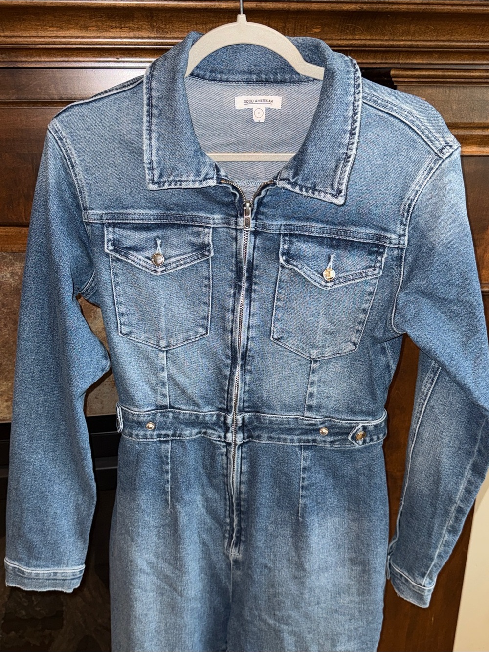 Good American Long Sleeve Denim Jean Jumpsuit Utility Western Size 3 /L - Picture 2 of 11